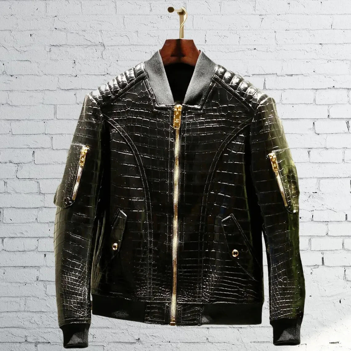 Caru Men Crocodile Print Premium Leather Jacket Black 100% Pure
