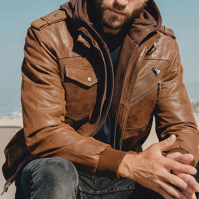 James Winter 100% Pure Original Leather Hooded Jacket for Men Brown Fashion Wear