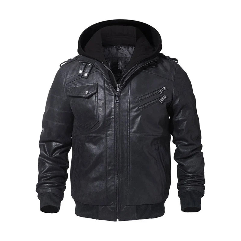George Winter 100% Pure Original Leather Hooded Jacket for Men Black F ...