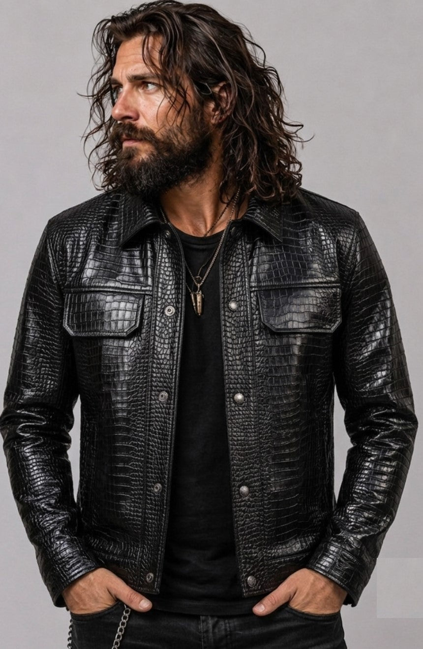 Kumil Black Leather Jacket Men Crocodile Print