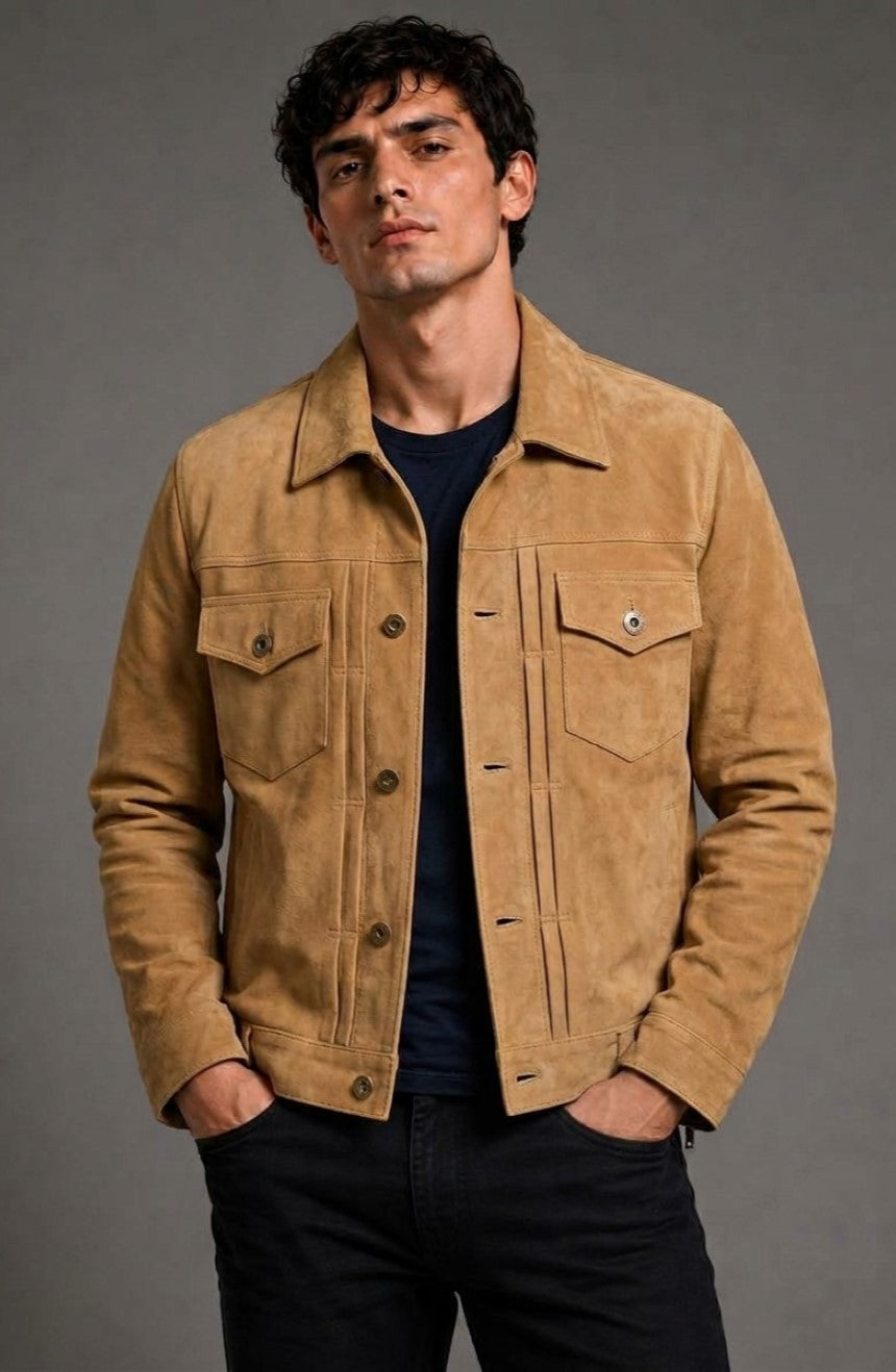 Akilo Designer Beige Leather Suede Jacket Men