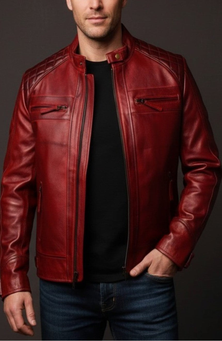 Cafe Racer Leather Jacket Men Premium 100% Pure Original Red
