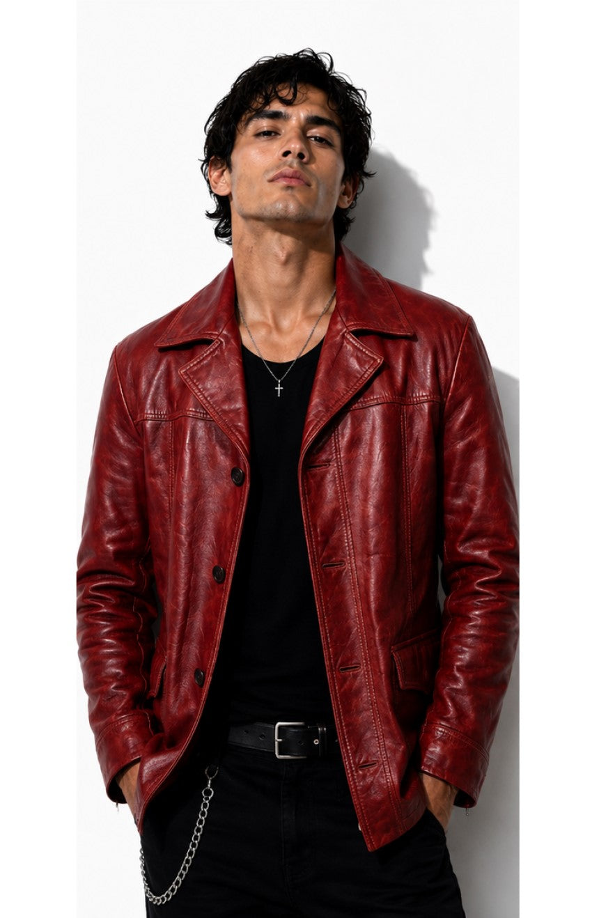 Fight Club Men Leather Coat Premium 100% Pure Original Red