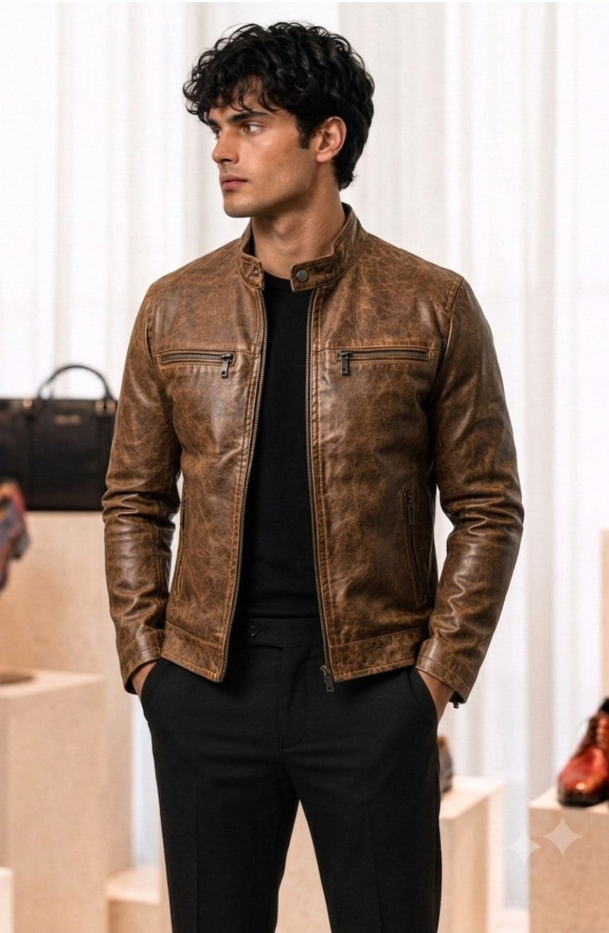 Mivu Brown Leather Jacket Men