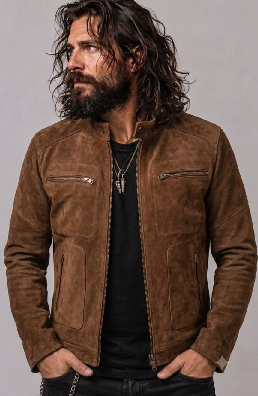 Maroo Designer Brown Leather Suede Jacket Men