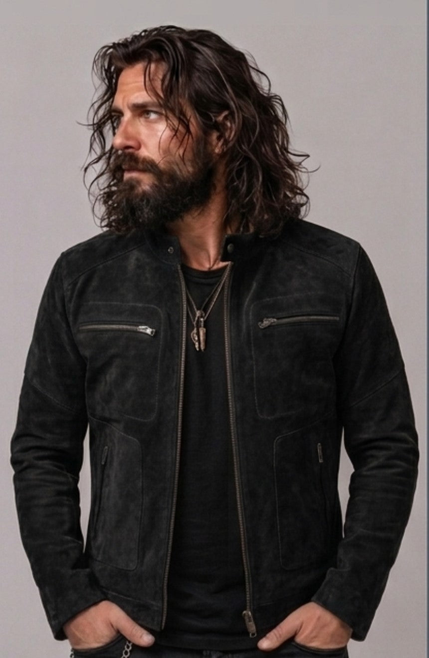 Tibo Designer Black Leather Suede Jacket Men
