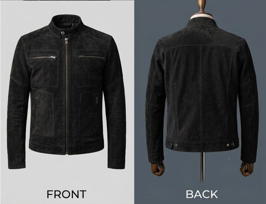 Tibo Designer Black Leather Suede Jacket Men