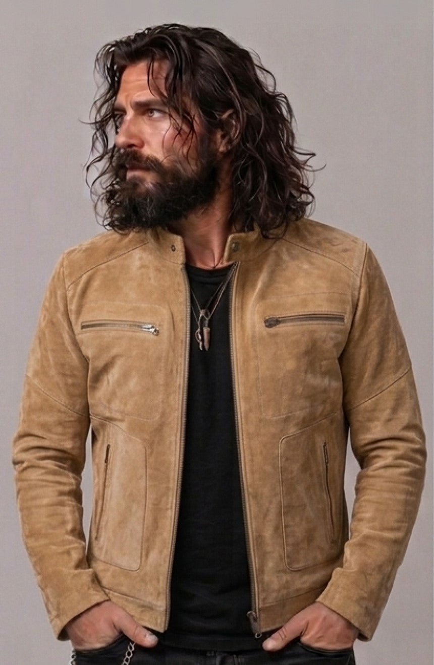 Arav Designer Beige Leather Suede Jacket Men
