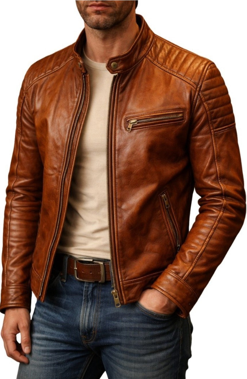 Dofu Men Leather Brown Jacket Top Grain