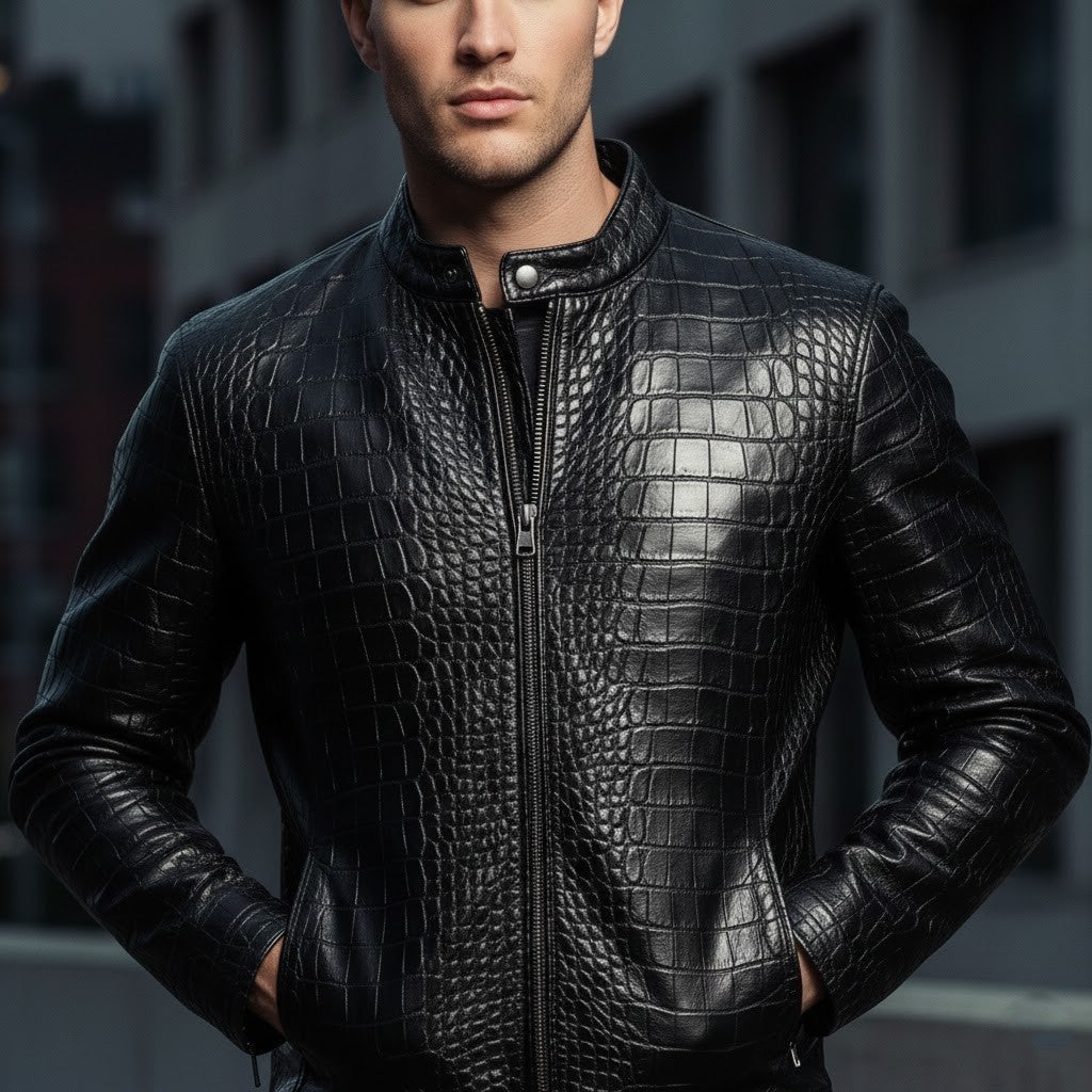 Vijo Crocodile Print Leather Jacket Men Premium Black 100% Pure