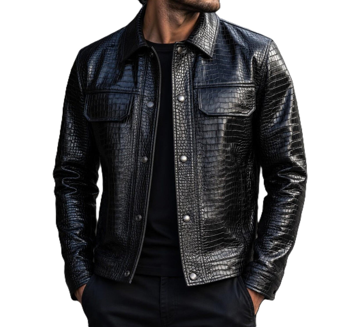 Kumil Black Leather Jacket Men Crocodile Print