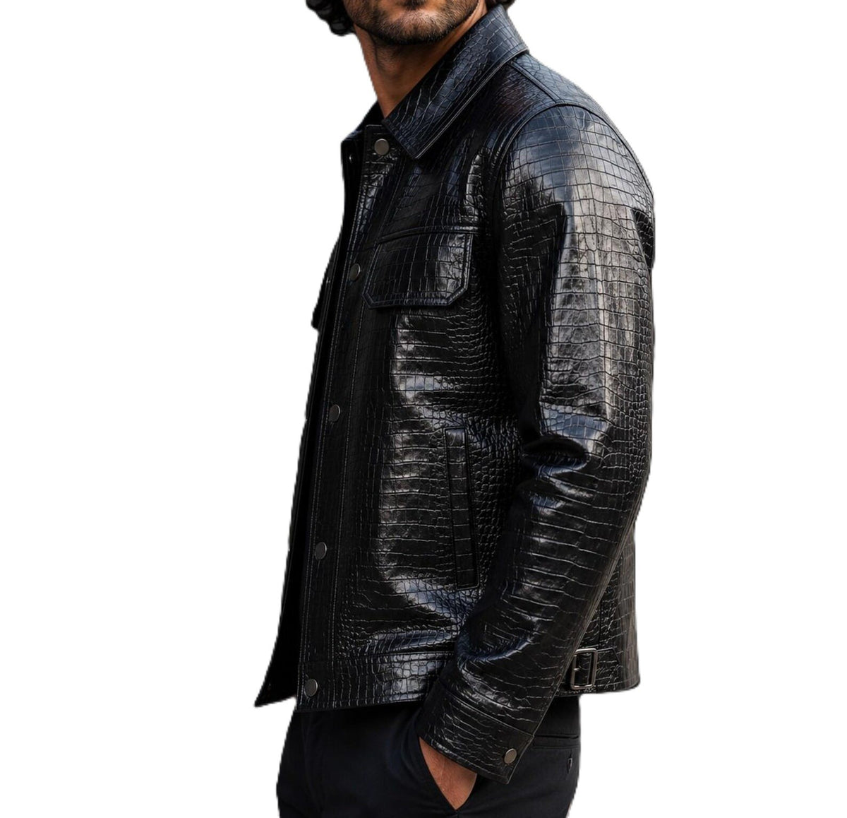Kumil Black Leather Jacket Men Crocodile Print
