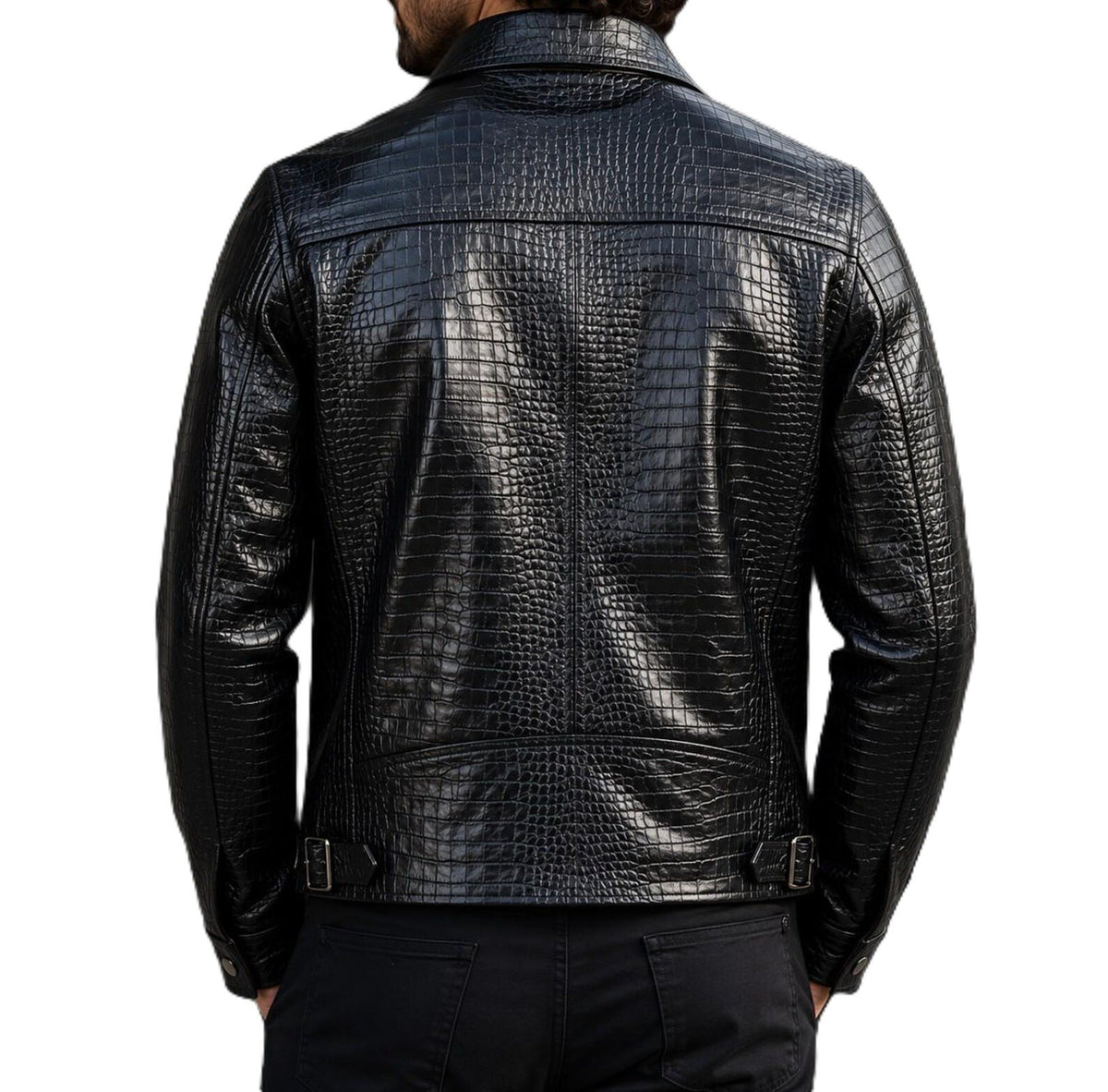 Kumil Black Leather Jacket Men Crocodile Print