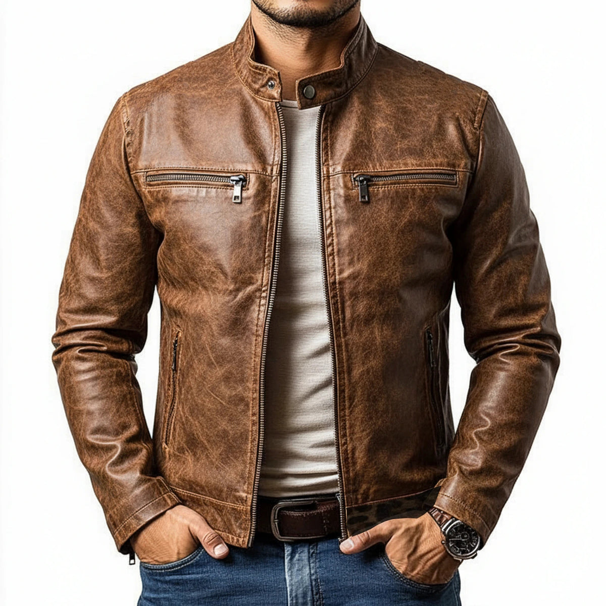 Mivu Brown Leather Jacket Men