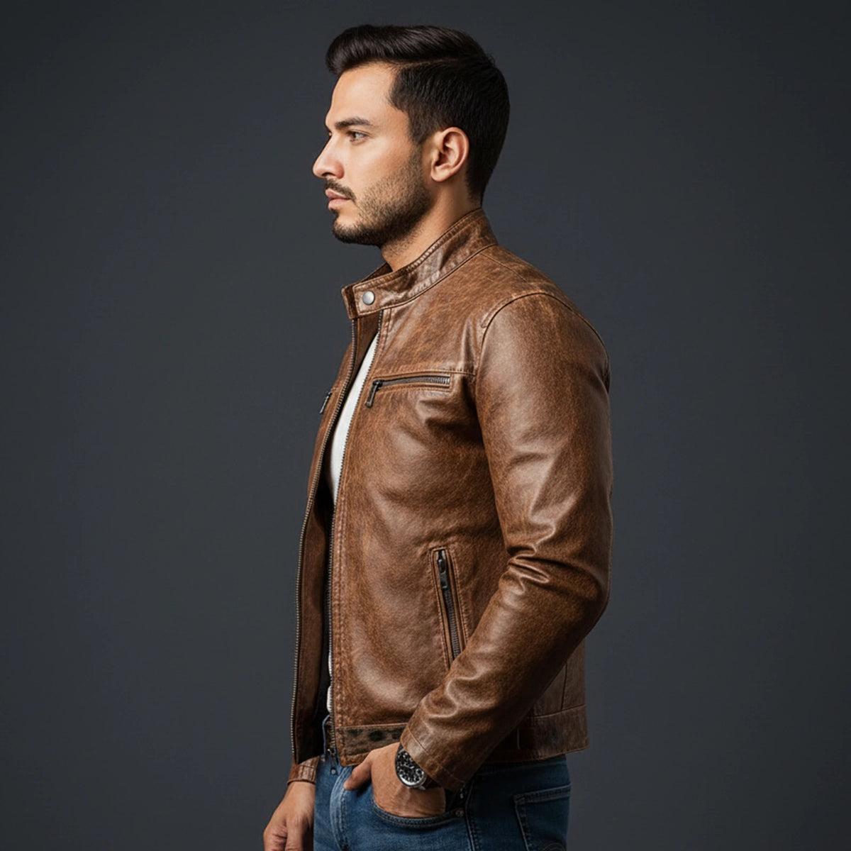 Mivu Brown Leather Jacket Men