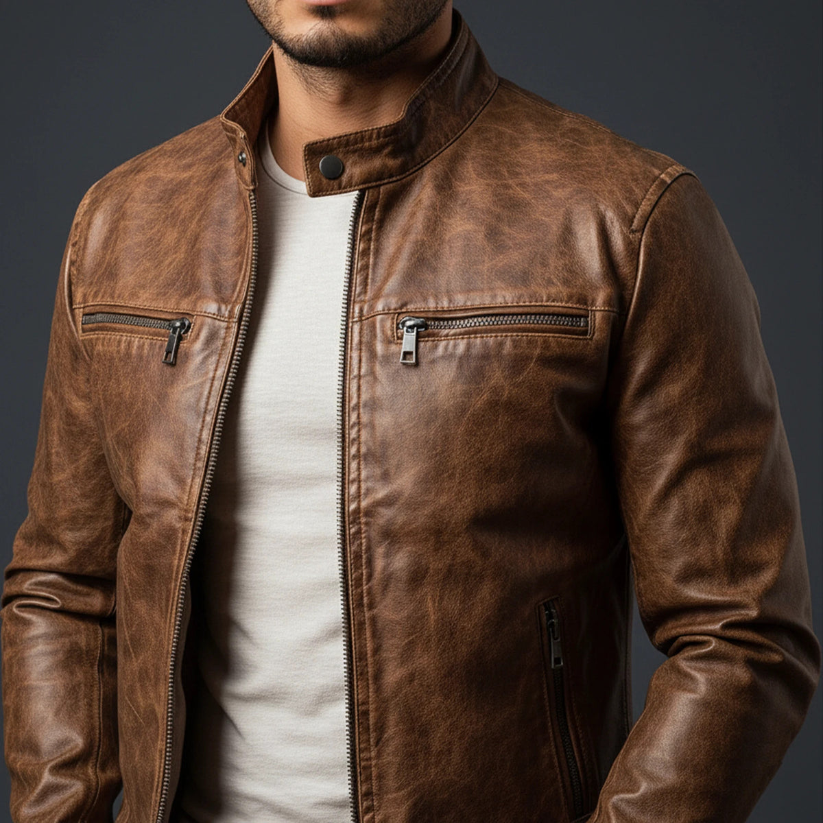 Mivu Brown Leather Jacket Men