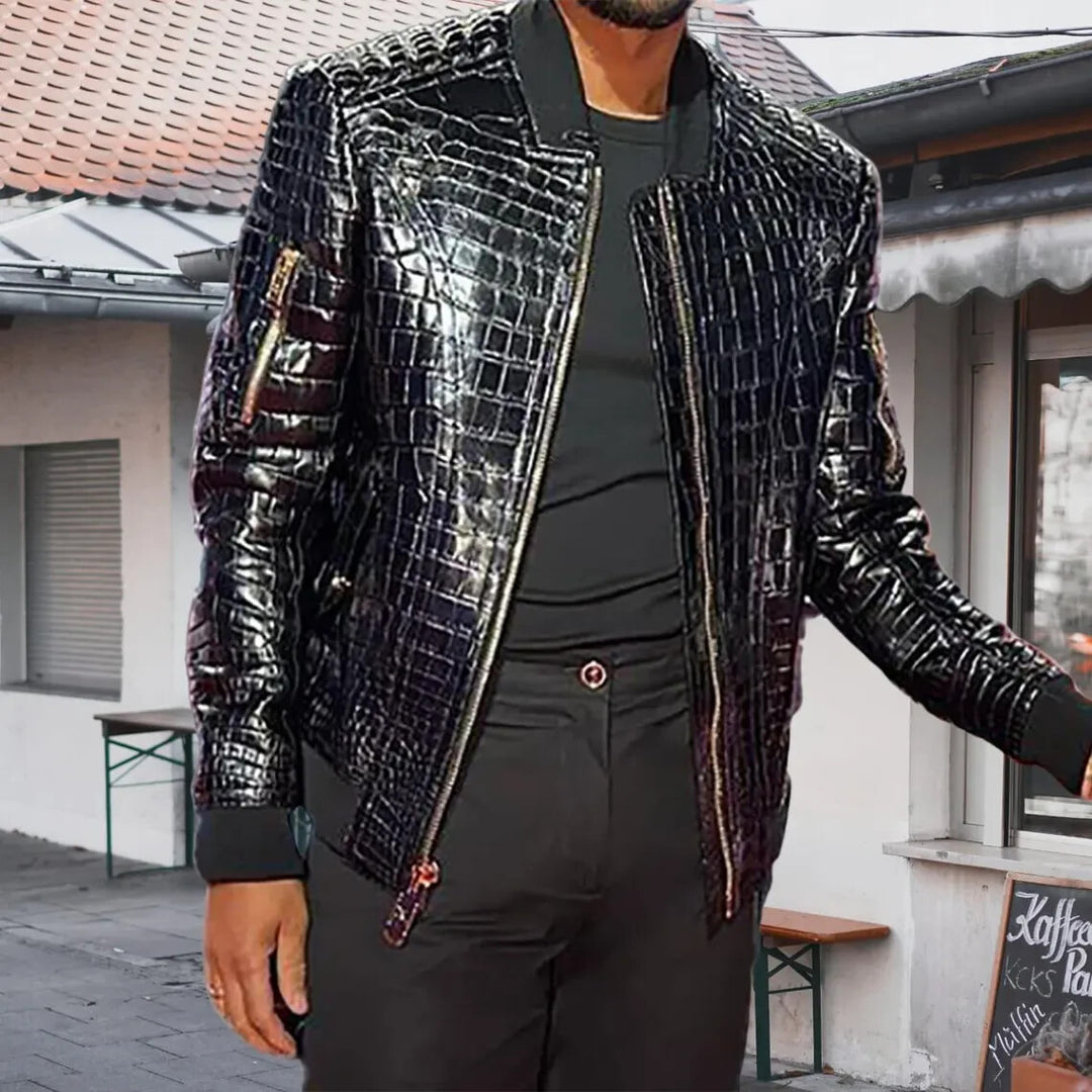 ジャケット・アウター FICCE crocodile embossed leather jacket Caru Men Crocodile Print Premium Leather Jacket Black 100% Pure