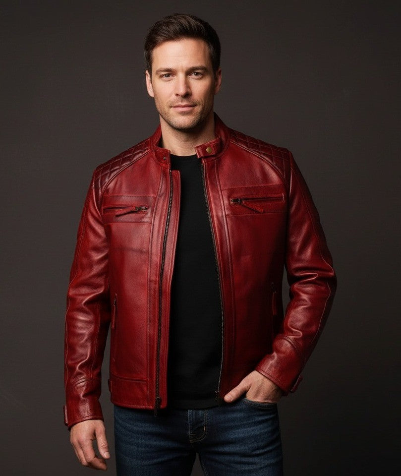 Cafe Racer Leather Jacket Men Premium 100% Pure Original Red